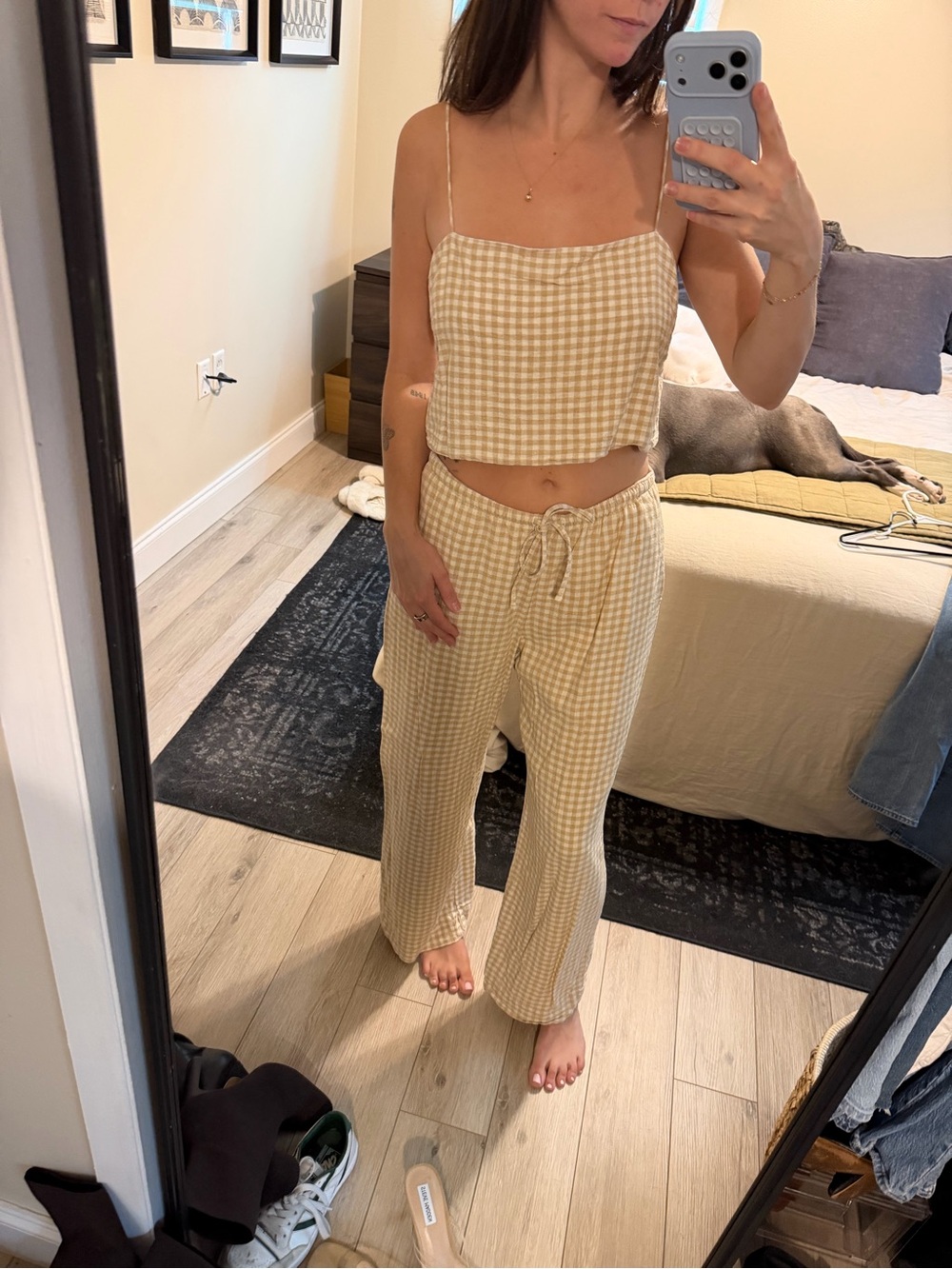 Abercrombie & Fitch Beige Gingham Linen Crop Top & Drawstring Wide-Leg Pants Set